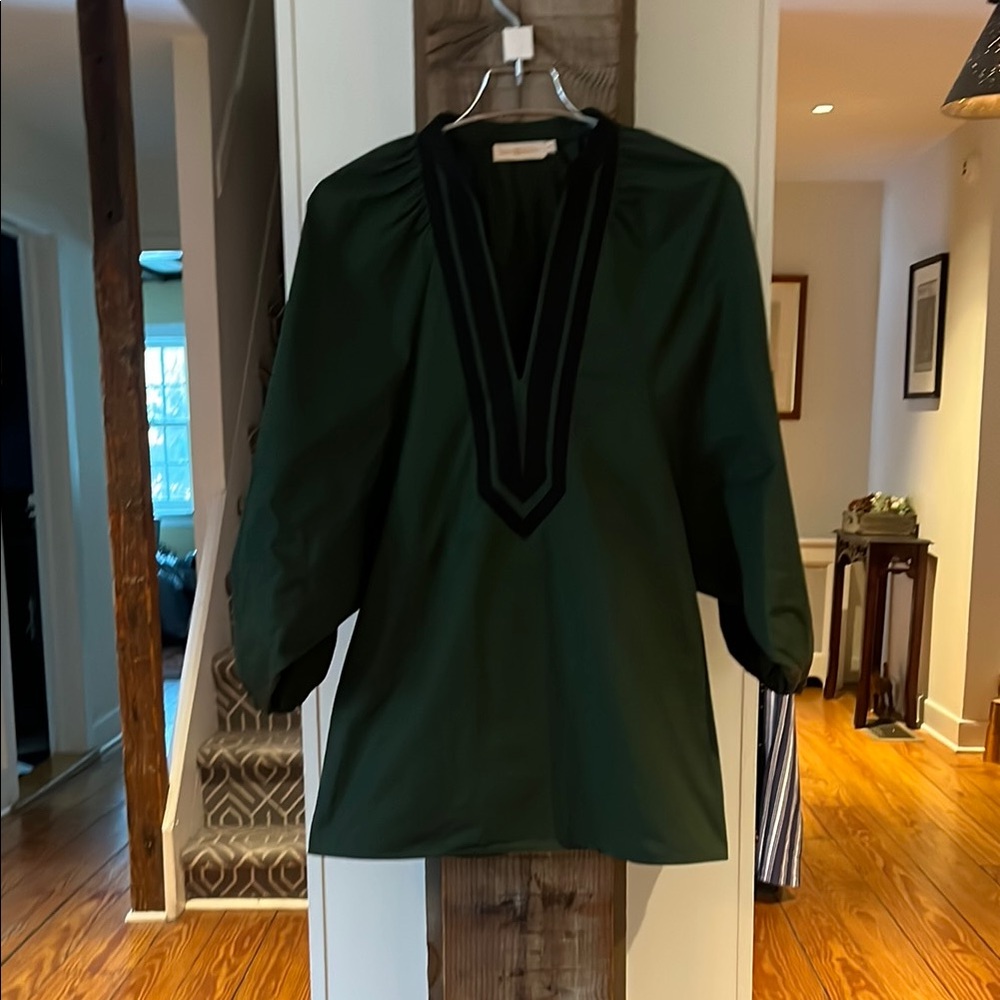 Tory Burch Forrest Green 100% Cotton Tunic with Beautiful Navy Velvet Trim -Sz M